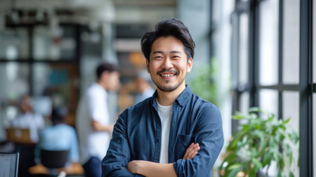 Portrait of a handsome smiling asian businessman boss standing in his modern business company office.の素材