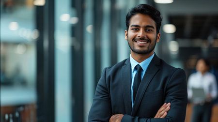 Portrait of a handsome smiling asian indian businessman boss standing in his modern business company office.の素材