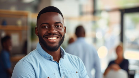 Portrait of a handsome smiling black businessman boss standing in his modern business company office.の素材
