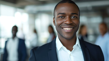 Portrait of a handsome smiling black businessman boss standing in his modern business company office.の素材