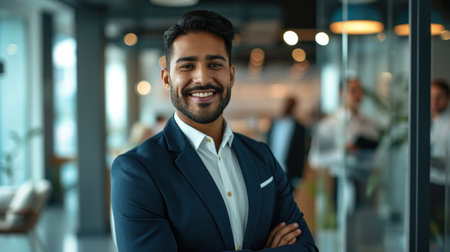 Portrait of a handsome smiling asian indian businessman boss standing in his modern business company office.の素材