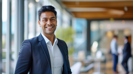 Portrait of a handsome smiling asian indian businessman boss standing in his modern business company office.の素材