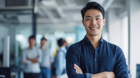 Portrait of a handsome smiling asian businessman boss standing in his modern business company office.の素材