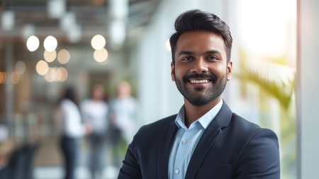 Portrait of a handsome smiling asian indian businessman boss standing in his modern business company office.の素材