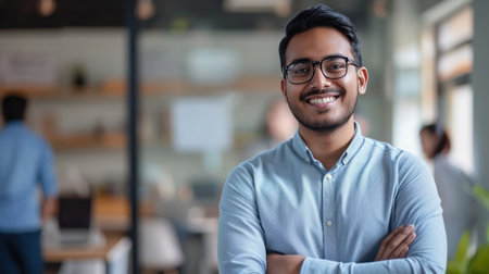 Portrait of a handsome smiling asian indian businessman boss standing in his modern business company office.の素材