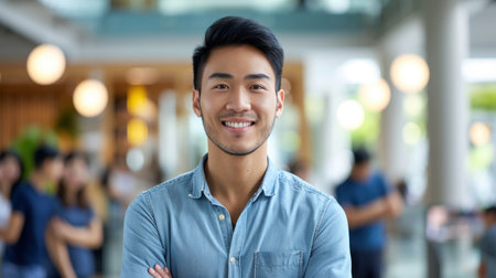 Portrait of a handsome smiling asian businessman boss standing in his modern business company office.の素材