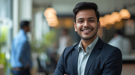 Portrait of a handsome smiling asian indian businessman boss standing in his modern business company office.の素材