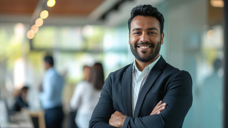 Portrait of a handsome smiling asian indian businessman boss standing in his modern business company office.の素材