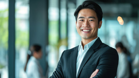 Portrait of a handsome smiling asian businessman boss standing in his modern business company office.の素材