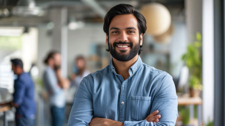 Portrait of a handsome smiling asian indian businessman boss standing in his modern business company office.の素材