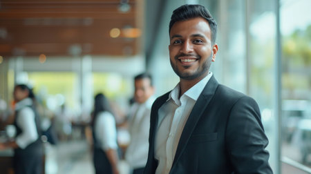 Portrait of a handsome smiling asian indian businessman boss standing in his modern business company office.の素材