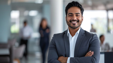 Portrait of a handsome smiling asian indian businessman boss standing in his modern business company office.の素材