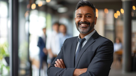 Portrait of a handsome smiling asian indian businessman boss standing in his modern business company office.の素材