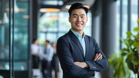 Portrait of a handsome smiling asian businessman boss standing in his modern business company office.の素材