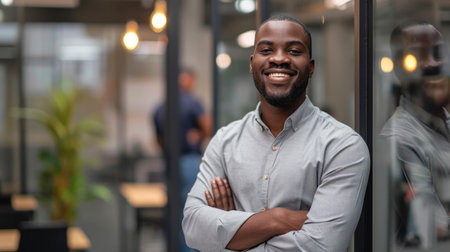Portrait of a handsome smiling black businessman boss standing in his modern business company office.の素材