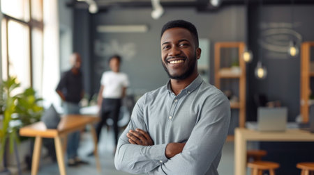 Portrait of a handsome smiling black businessman boss standing in his modern business company office.の素材