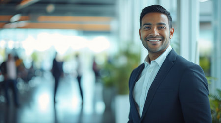 Portrait of a handsome smiling asian indian businessman boss standing in his modern business company office.の素材