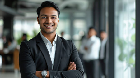 Portrait of a handsome smiling asian indian businessman boss standing in his modern business company office.の素材