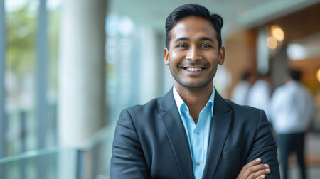 Portrait of a handsome smiling asian indian businessman boss standing in his modern business company office.の素材