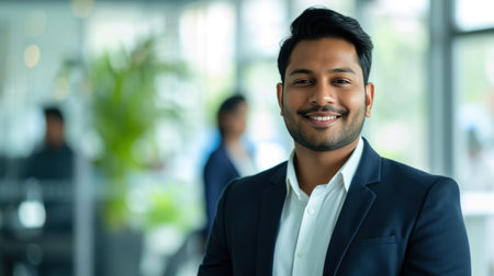 Portrait of a handsome smiling asian indian businessman boss standing in his modern business company office.の素材