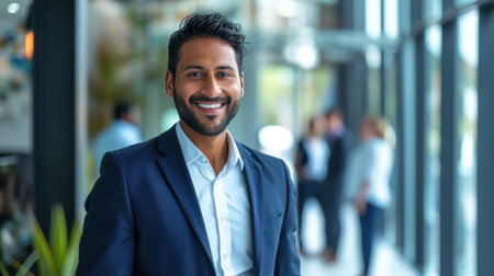 Portrait of a handsome smiling asian indian businessman boss standing in his modern business company office.の素材