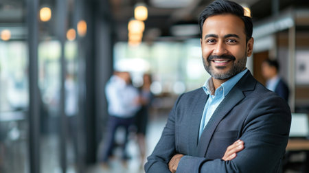 Portrait of a handsome smiling asian indian businessman boss standing in his modern business company office.の素材