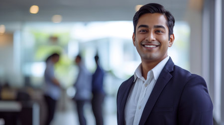 Portrait of a handsome smiling asian indian businessman boss standing in his modern business company office.の素材