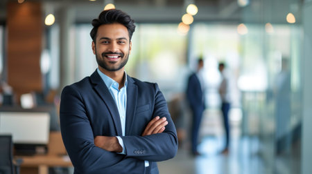 Portrait of a handsome smiling asian indian businessman boss standing in his modern business company office.の素材