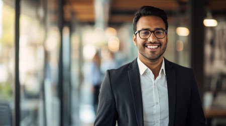 Portrait of a handsome smiling asian indian businessman boss standing in his modern business company office.の素材