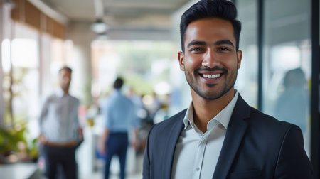 Portrait of a handsome smiling asian indian businessman boss standing in his modern business company office.の素材