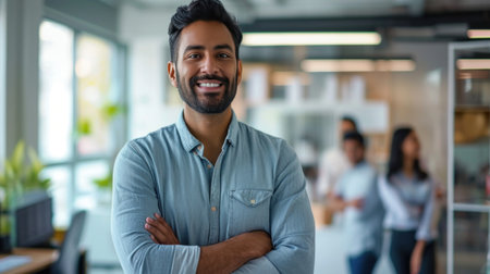 Portrait of a handsome smiling asian indian businessman boss standing in his modern business company office.の素材