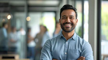 Portrait of a handsome smiling asian indian businessman boss standing in his modern business company office.の素材
