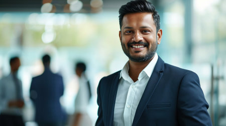 Portrait of a handsome smiling asian indian businessman boss standing in his modern business company office.の素材