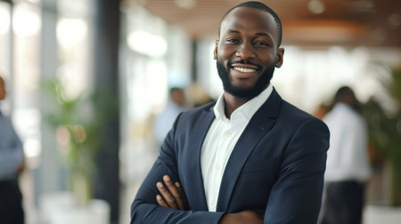 Portrait of a handsome smiling black businessman boss standing in his modern business company office.の素材