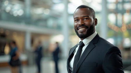 Portrait of a handsome smiling black businessman boss standing in his modern business company office.の素材