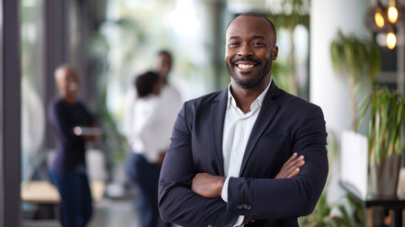 Portrait of a handsome smiling black businessman boss standing in his modern business company office.の素材