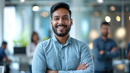 Portrait of a handsome smiling asian indian businessman boss standing in his modern business company office.の素材