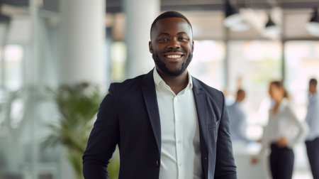 Portrait of a handsome smiling black businessman boss standing in his modern business company office.の素材
