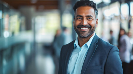 Portrait of a handsome smiling asian indian businessman boss standing in his modern business company office.の素材