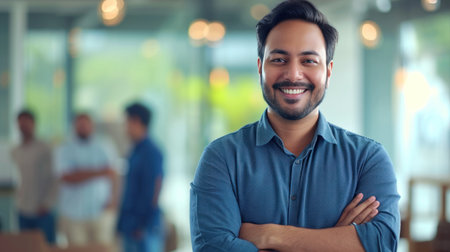 Portrait of a handsome smiling asian indian businessman boss standing in his modern business company office.の素材