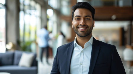 Portrait of a handsome smiling asian indian businessman boss standing in his modern business company office.の素材