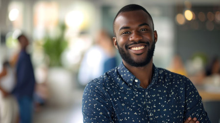 Portrait of a handsome smiling black businessman boss standing in his modern business company office.の素材