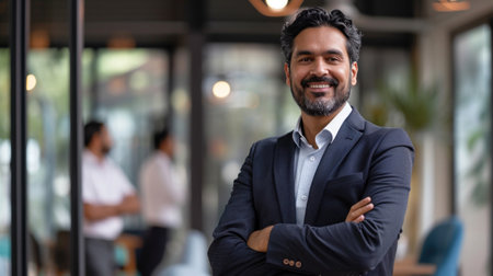Portrait of a handsome smiling asian indian businessman boss standing in his modern business company office.の素材