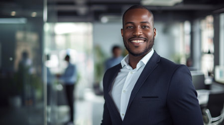 Portrait of a handsome smiling black businessman boss standing in his modern business company office.の素材