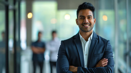 Portrait of a handsome smiling asian indian businessman boss standing in his modern business company office.の素材