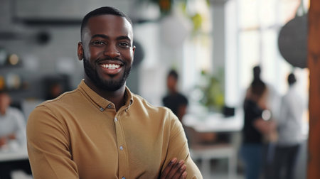 Portrait of a handsome smiling black businessman boss standing in his modern business company office.の素材
