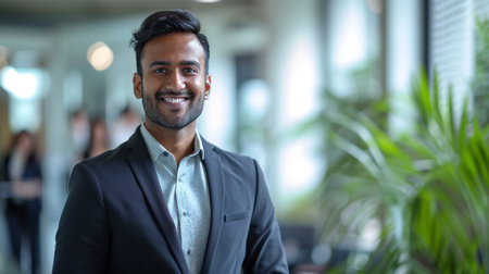 Portrait of a handsome smiling asian indian businessman boss standing in his modern business company office.の素材
