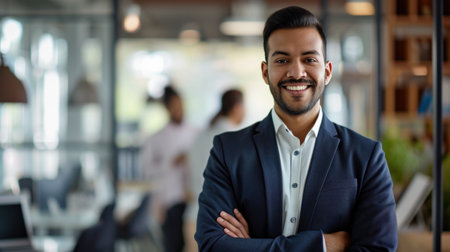 Portrait of a handsome smiling asian indian businessman boss standing in his modern business company office.の素材