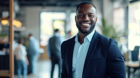 Portrait of a handsome smiling black businessman boss standing in his modern business company office.の素材