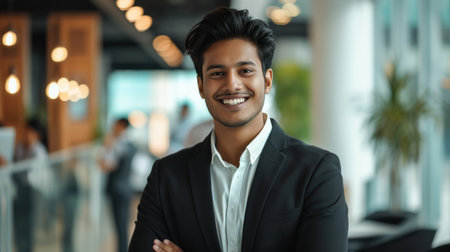 Portrait of a handsome smiling asian indian businessman boss standing in his modern business company office.の素材